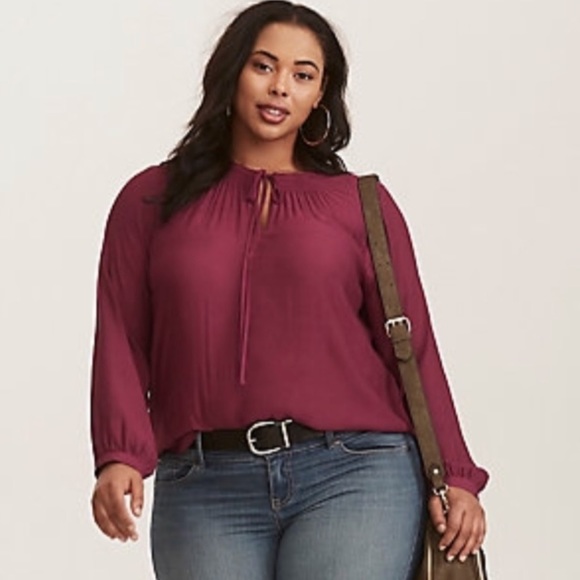 torrid Tops - Torrid Berry Tie Neck Crepe Blouse 2X